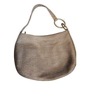 Eric Javits Gold Raffia Straw Handbag Purse, Zip Close Blue Lining Woven